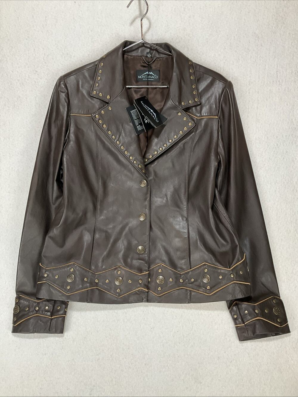 NWT Montanaco Brown Leather Jacket L Studded Boho Western Cowgirl Style soft